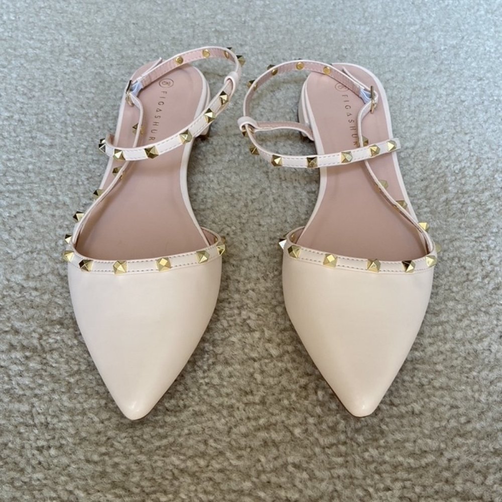 Nude studded flat strappy slingback / sandals with pointed toe